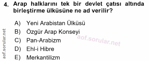 4. soru: Arap halklarını tek bir devlet çatısı altında birleştirme ülküsüne ne ad verilir? A) Yeni Arabistan Ülküsü B) Özgür A…