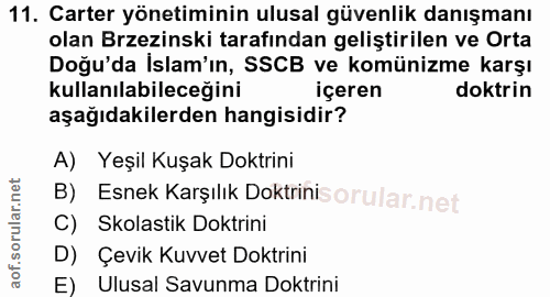 11. soru: Carter yönetiminin ulusal güvenlik danışmanı olan Brzezinski tarafından geliştirilen ve Orta Doğu'da İslam'ın, SSCB v…