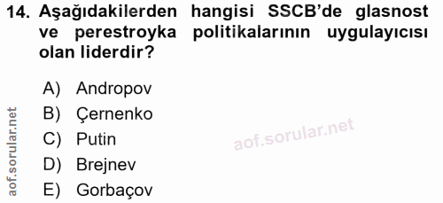 14. soru: Aşağıdakilerden hangisi SSCB'de glasnost ve perestroyka politikalarının uygulayıcısı olan liderdir? A) Andropov B) Çe…