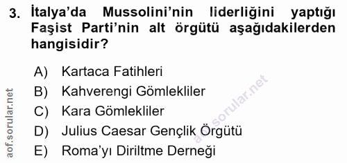 3. soru: İtalya'da Mussolini'nin liderliğini yaptığı Faşist Parti'nin alt örgütü aşağıdakilerden hangisidir? A) Kartaca Fatihl…