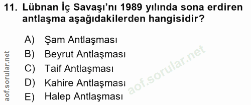 11. soru: Lübnan İç Savaşı'nı 1989 yılında sona erdiren antlaşma aşağıdakilerden hangisidir? A) Şam Antlaşması B) Beyrut Antlaş…