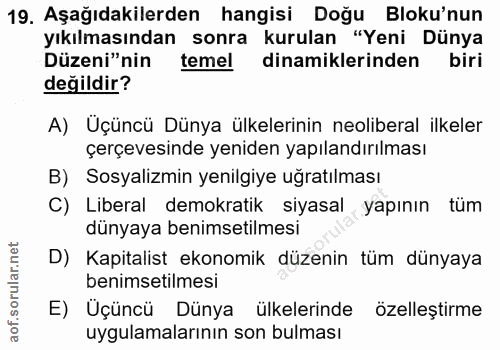 19. soru: Aşağıdakilerden hangisi Doğu Bloku'nun yıkılmasından sonra kurulan "Yeni Dünya Düzeni"nin temel dinamiklerinden biri…