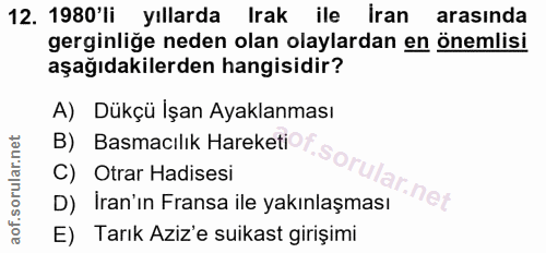 12. soru: 1980'li yıllarda Irak ile İran arasında gerginliğe neden olan olaylardan en önemlisi aşağıdakilerden hangisidir? A) D…