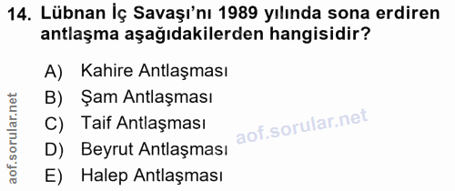 14. soru: Lübnan İç Savaşı'nı 1989 yılında sona erdiren antlaşma aşağıdakilerden hangisidir? A) Kahire Antlaşması B) Şam Antlaş…
