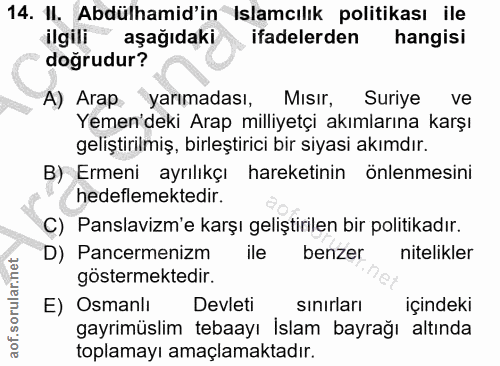 14. soru: 1l. Abdülhamid'in Islamcılık politikası ile ilgili aşağıdaki ifadelerden hangisi dogrudur? A) Arap yarımadası, Mısır,…