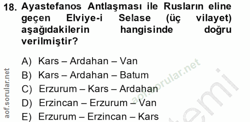 18. soru: Ayastefanos Antlaşması ile Rusların eline geçen Elviye-i Selase (üç vilayet) aşağıdakilerin hangisinde dogru verilmiş…