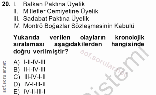 20. soru: I. Balkan Paktına Üyelik II. Milletler Cemiyetine Üyelik III. Sadabat Paktına Üyelik IV. Montrö Boğazlar Sözleşmesini…