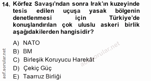 14. soru: Körfez Savaşı'ndan sonra Irak'ın kuzeyinde tesis edilen uçuşa yasak bölgenin denetlenmesi için Türkiye'de konuşlandır…