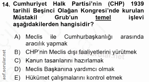 14. soru: Cumhuriyet Halk Partisi'nin (CHP) 1939 tarihli Beşinci Olağan Kongresi'nde kurulan Müstakil Grub'un temel işlevi aşağ…