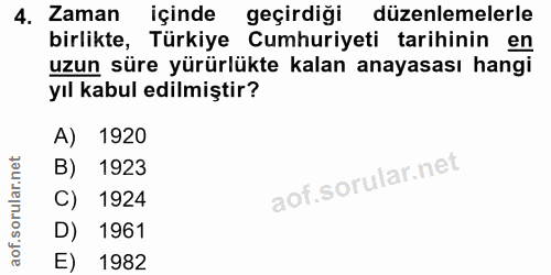 4. soru: Zaman içinde geçirdiği düzenlemelerle birlikte, Türkiye Cumhuriyeti tarihinin en uzun süre yürürlükte kalan anayasası…