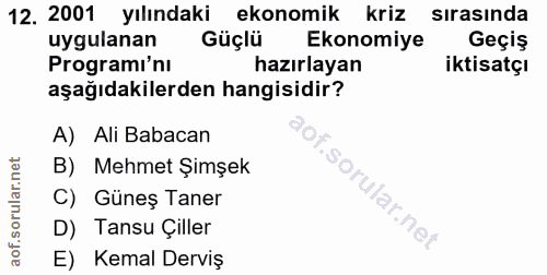 12. soru: 2001 Yılındaki ekonomik kriz sırasında uygulanan Güçlü Ekonomiye Geçiş Programı'nı hazırlayan iktisatçı aşağıdakilerd…