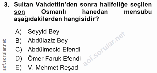 3. soru: Sultan Vahdettin'den sonra halifeliğe seçilen son Osmanlı hanedan mensubu aşağıdakilerden hangisidir? A) Seyyid Bey B…