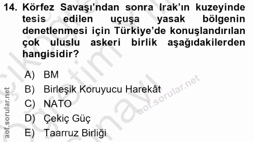 14. soru: Körfez Savaşı'ndan sonra Irak'ın kuzeyinde tesis edilen uçuşa yasak bölgenin denetlenmesi için Türkiye'de konuşlandır…