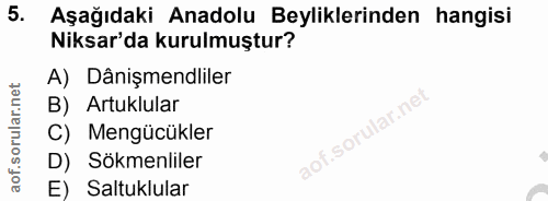5. soru: Aşağıdaki Anadolu Beyliklerinden hangisi Niksar'da kurulmuştur? A) Dânişmendliler B) Artuklular C) Mengücükler Sökmen…