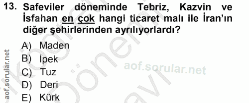 13. soru: Safeviler döneminde Tebriz, Kazvin ve İsfahan en çok hangi ticaret malı ile İran'ın diğer şehirlerinden ayrılıyorlard…