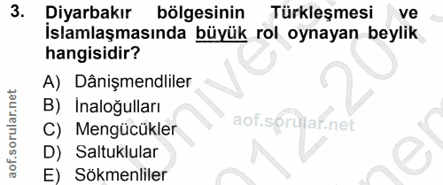 3. soru: Diyarbakır bölgesinin Türkleşmesi ve İslamlaşmasında büyük rol oynayan beylik hangisidir? A) Dânişmendliler B) Inaloğ…