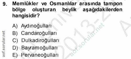 9. soru: Memlükler ve Osmanlilar arasında tampon bölge oluşturan beylik aşağıdakilerden hangisidir? A) Aydınoğulları .net B) C…