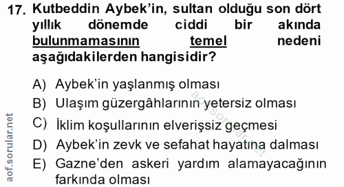 17. soru: Kutbeddin Aybek'in, sultan olduğu son dört yıllık dönemde ciddi bir akında bulunmamasının temel nedeni aşağıdakilerde…