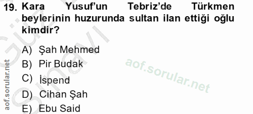 19. soru: Kara Yusuf'un Tebriz'de Türkmen beylerinin huzurunda sultan ilan ettiği oğlu kimdir? A) Şah Mehmed B) Pir Budak C) Is…