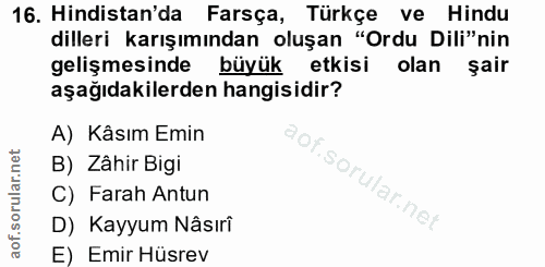16. soru: Hindistan'da Farsça, Türkçe ve • Hindu dilleri karışımından oluşan "Ordu Dili"nin gelişmesinde büyük etkisi olan sair…