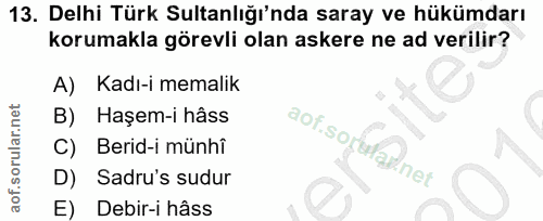 13. soru: Delhi Türk Sultanlığı'nda saray ve hükümdarı korumakla görevli olan askere ne ad verilir? Kadı-i memalik B) Haşem-i h…