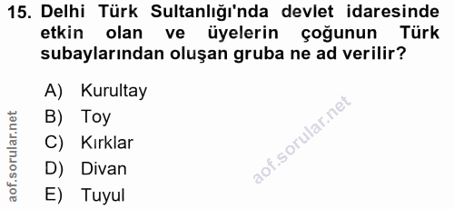 15. soru: Delhi Türk Sultanlığı'nda devlet idaresinde etkin olan ve üyelerin çoğunun Türk subaylarından oluşan gruba ne ad veri…