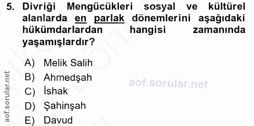 5. soru: Divriği Mengücükleri sosyal ve kültürel alanlarda en parlak dönemlerini aşağıdaki hükümdarlardan hangisi zamanında ya…
