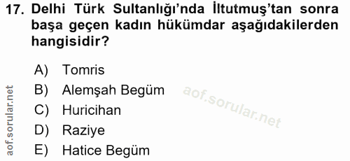 17. soru: Delhi Türk Sultanlığı'nda İltutmuş'tan sonra başa geçen kadın hükümdar aşağıdakilerden hangisidir? A) Tomris B) Alemş…
