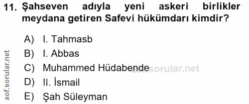 11. soru: Şahseven adıyla yeni askeri birlikler meydana getiren Safevi hükümdarı kimdir? A) I. Tahmasb orular.net B) I. Abbas C…