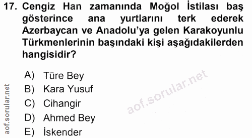 17. soru: Cengiz Han zamanında Moğol istilası baş gösterince ana yurtlarını terk ederek Azerbaycan ve Anadolu'ya gelen Karakoyu…
