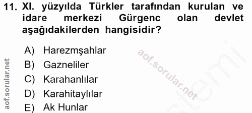 11. soru: XI. yüzyılda Türkler tarafından kurulan ve idare merkezi Gürgenc olan devlet aşağıdakilerden hangisidir? A) Haremşahl…