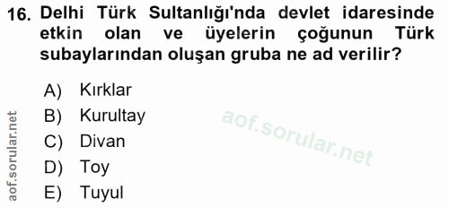 16. soru: Delhi Türk Sultanlığı'nda devlet idaresinde etkin olan ve üyelerin çoğunun Türk subaylarından oluşan gruba ne ad veri…
