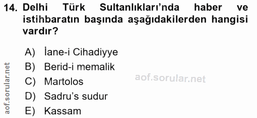 14. soru: Delhi Türk Sultanlıkları'nda haber ve istihbaratın başında aşağıdakilerden hangisi vardır? A) lane-i Cihadiyye B) Ber…