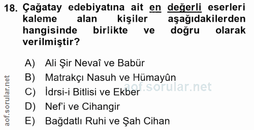18. soru: Çağatay edebiyatına ait en değerli eserleri kaleme alan kişiler aşağıdakilerden hangisinde birlikte ve doğru olarak v…