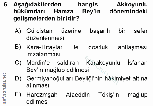 6. soru: Aşağıdakilerden hangisi Akkoyunlu hükümdarı Hamza Bey'in dönemindeki gelişmelerden biridir? A) Gürcistan üzerine başa…