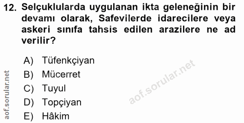 12. soru: Selçuklularda uygulanan ikta geleneğinin bir devamı olarak, Safevilerde idarecilere veya askeri sınıfa tahsis edilen…