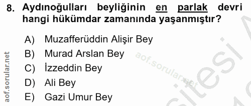 8. soru: Aydınoğulları beyliğinin en parlak devri hangi hükümdar zamanında yaşanmıştır? A) Muzafferüddin Alişir Bey B) Murad A…
