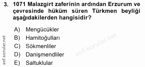 3. soru: 1071 Malazgirt zaferinin ardından Erzurum ve çevresinde hüküm süren Türkmen beyliği aşağıdakilerden hangisidir? A) Me…