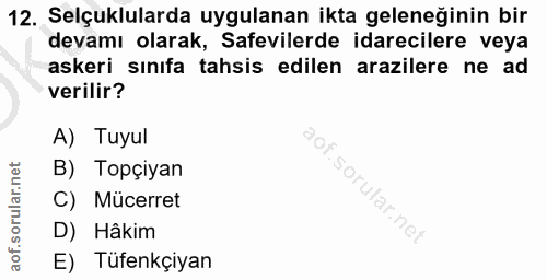 12. soru: Selçuklularda uygulanan ikta geleneğinin bir devamı olarak, Safevilerde idarecilere veya askeri sınıfa tahsis edilen…