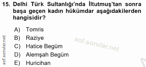 15. soru: Delhi Türk Sultanlığı'nda İltutmuş'tan sonra başa geçen kadın hükümdar aşağıdakilerden hangisidir? A) Tomris B) Raziy…