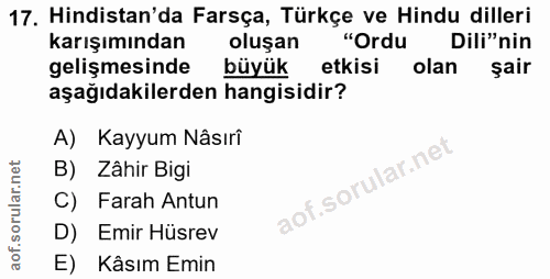 17. soru: Hindistan'da Farsça, Türkçe ve Hindu dilleri karışımından oluşan "Ordu Dili"nin gelişmesinde ! büyük etkisi olan şair…