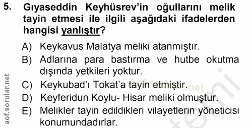 5. soru: Gıyaseddin Keyhüsrev'in oğullarını melik tayin etmesi ile ilgili aşağıdaki ifadelerden hangisi yanlıştır? A) Keykavus…