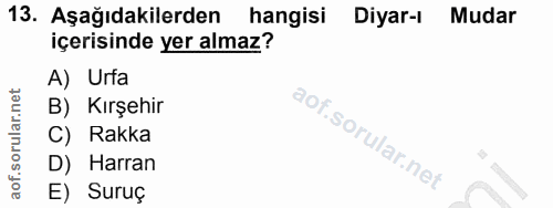 13. soru: Aşağıdakilerden hangisi Diyar-ı Mudar içerisinde yer almaz? A) Urfa B) Kırşehir C) Rakka D) Harran E) Suruç