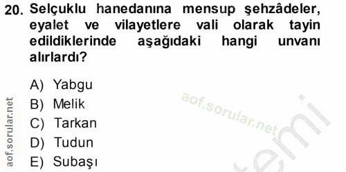 20. soru: Selçuklu hanedanına mensup şehzâdeler, eyalet ve vilayetlere vali olarak tayin edildiklerinde aşağıdaki hangi unvanı…