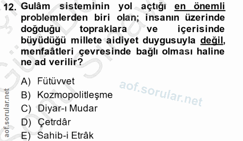 12. soru: Gulâm sisteminin yol açtığı en önemli problemlerden biri olan; insanın üzerinde doğduğu topraklara ve içerisinde büyü…