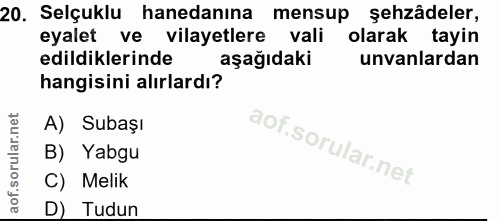 20. soru: Selçuklu hanedanına mensup •şehzâdeler, eyalet ve vilayetlere vali olarak tayin edildiklerinde aşağıdaki unvanlardan…