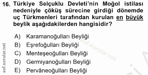 16. soru: Türkiye Selçuklu Devleti'nin Moğol istilası nedeniyle çöküş sürecine girdiği dönemde uç Türkmenleri tarafından kurula…