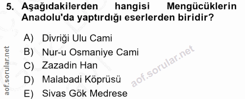 5. soru: Aşağıdakilerden hangisi Mengücüklerin Anadolu'da yaptırdığı eserlerden biridir? A) Divriği Ulu Cami B) Nur-u Osmaniye…