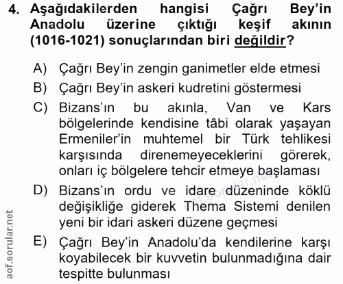 4. soru: Aşağıdakilerden hangisi Çağrı Bey'in Anadolu üzerine çıktığı keşif akının (1016-1021) sonuçlarından biri değildir? A)…