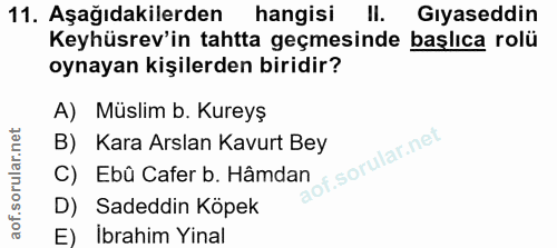 11. soru: Aşağıdakilerden hangisi ll. Gıyaseddin Keyhüsrev'in tahtta geçmesinde başlıca rolü oynayan kişilerden biridir? A) Müs…